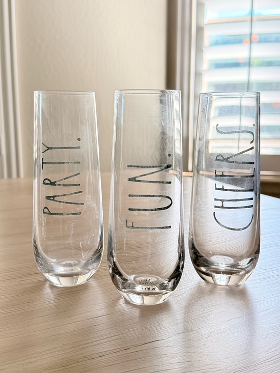 Other - Rae Dunn Stemless Champagne Flutes Glasses Set - "FUN." "CHEERS." "PARTY.